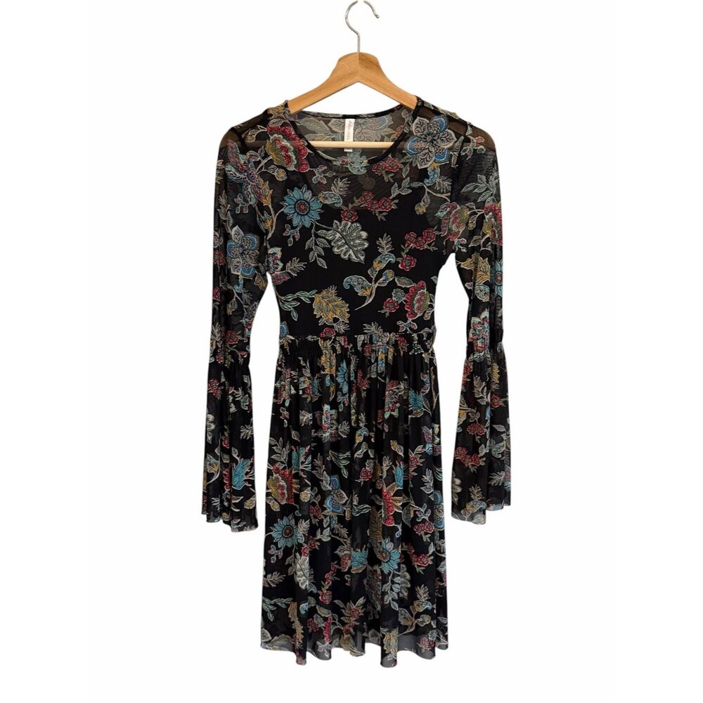 Xhilaration Womens Whimsigoth Boho Floral Mesh Dress Size XS Sheer Bell Sleeves